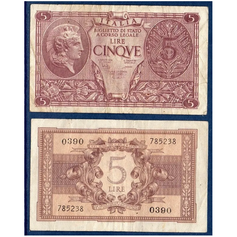 Italie Pick N°31c, Billet de banque de 5 Lire 1944 Italie Pick N°31c, Billet de banque de 5 Lire 1944