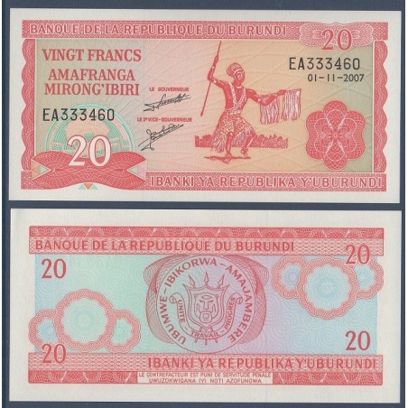 Burundi Pick N°27d, Billet de banque de 20 Francs 1997-2007