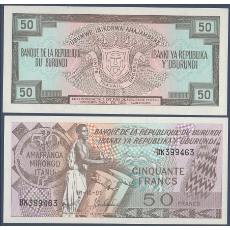 Burundi Pick N°28c, Billet de banque de 50 Francs 1988-1993