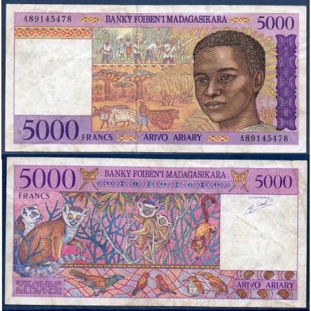 Madagascar P.78b, TB, Billet de 5000 Francs - 1000 ariary 1994-1995 Lémuriens