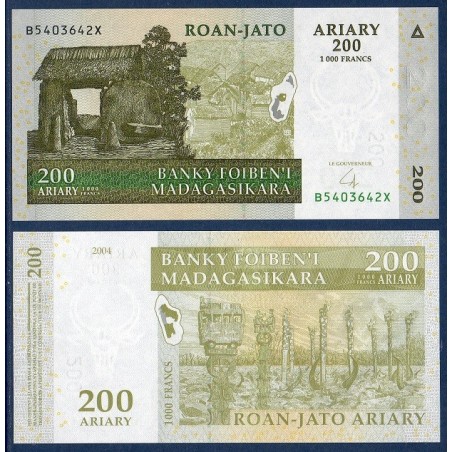 Madagascar P.87b, Neuf, Billet de 200 Ariary : 1000 Francs 2004 Sculptures