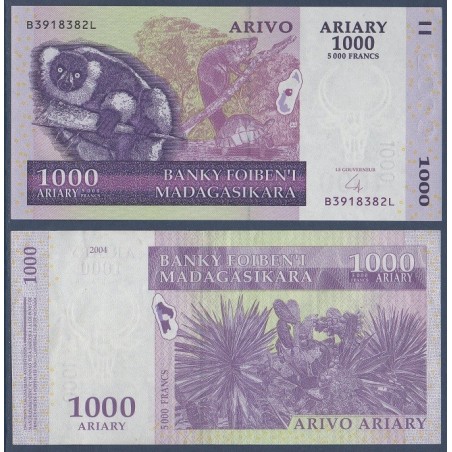 Madagascar P.89b, Neuf, Billet de 1000 Ariary : 5000 Francs 2004 Sisal