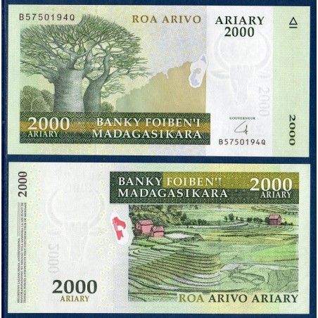 Madagascar P.90b, Neuf, Billet de 2000 Ariary Francs 2009 Terrasses
