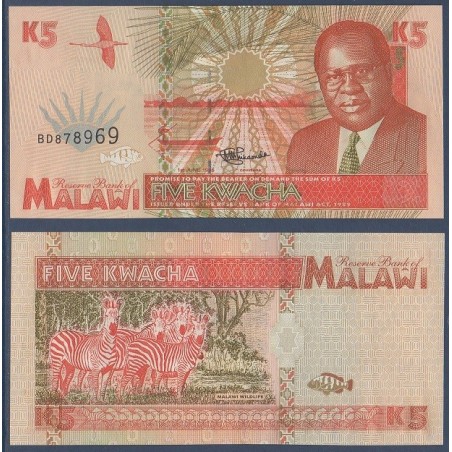 Malawi P.30, Neuf, Billet de 5 kwatcha 1995 Zèbres