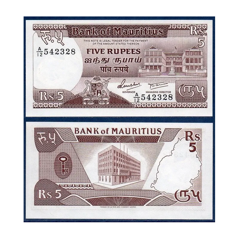 Maurice Pick N°34, Billet de banque de 5 Rupees 1985 Maurice Pick N°34, Billet de banque de 5 Rupees 1985