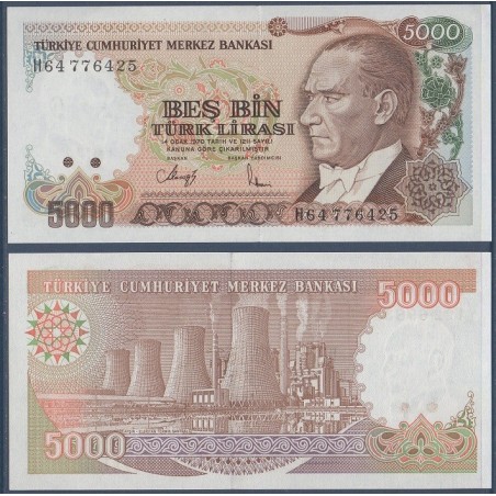 Turquie Pick N°198, Billet de banque de 5000 Lira 1990