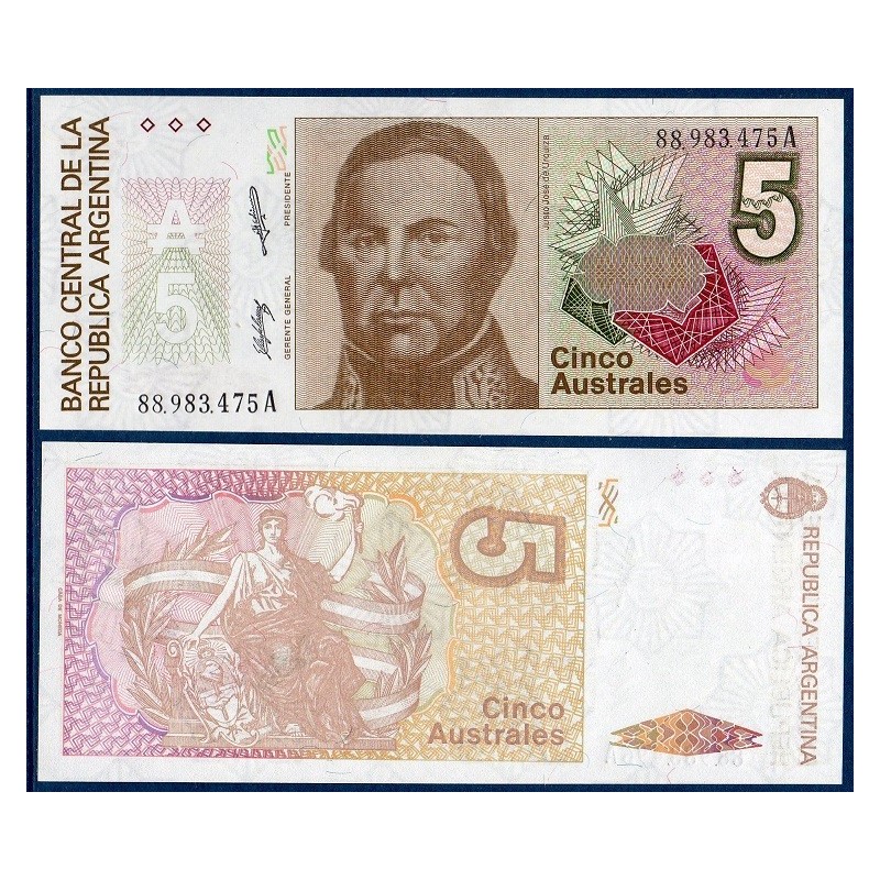 Argentine P.324b, neuf Billet de 5 Australes 1985-1989 Justo Urquiza Argentine P.324b, neuf Billet de 5 Australes 1985-1989 Justo Urquiza