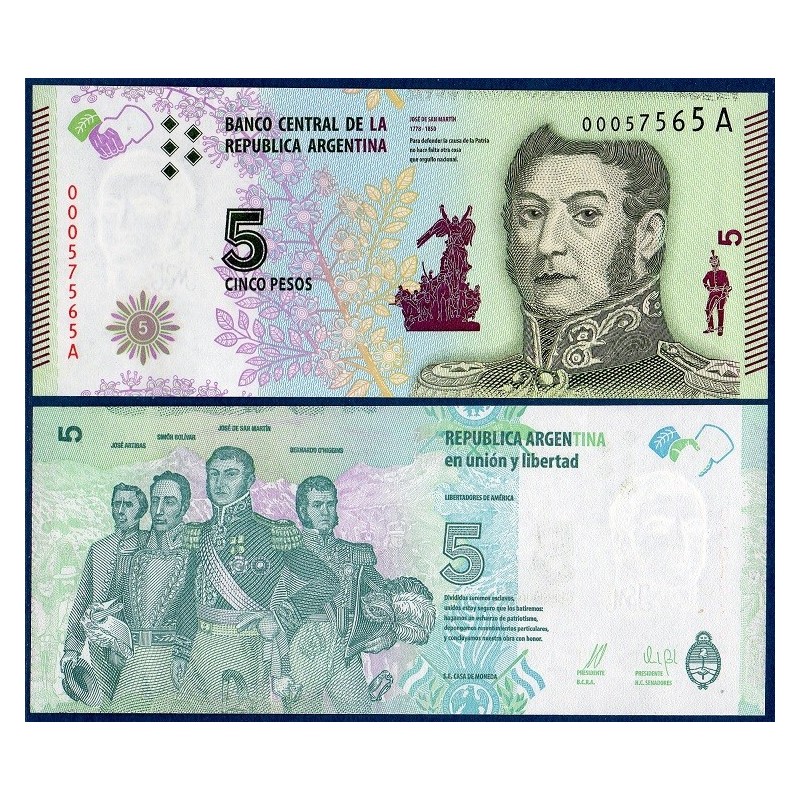Argentine Pick N°359, Billet de banque de 5 Pesos 2015