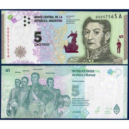 Argentine P.359, neuf Billet de 5 Pesos 2015 José San Martin