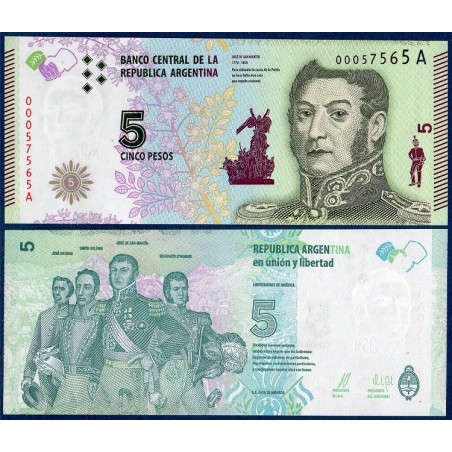 Argentine Pick N°359, Billet de banque de 5 Pesos 2015