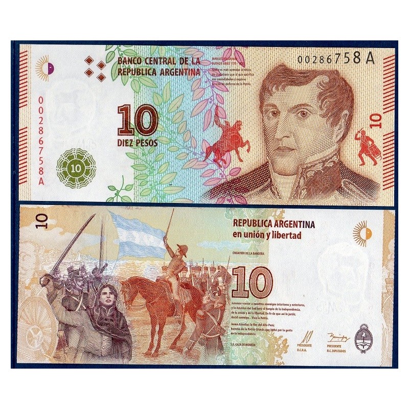 Argentine Pick N°360, Billet de banque de 10 Pesos 2016