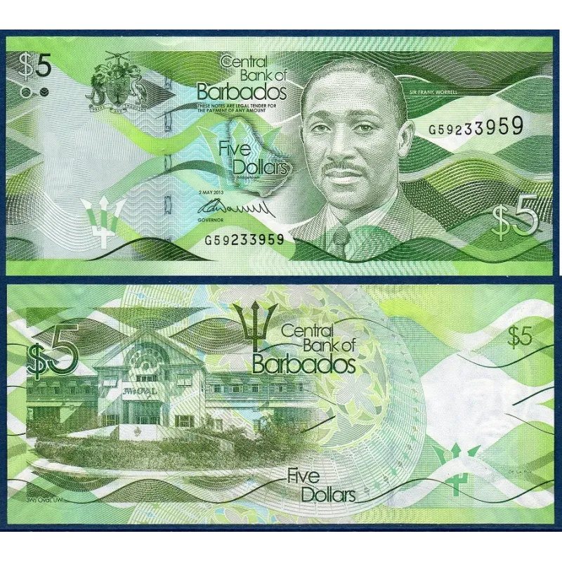 Barbade P.74a, neuf Billet de 5 dollars 2013 Frank Worrell Barbade P.74a, neuf Billet de 5 dollars 2013 Frank Worrell