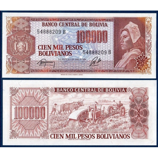 Bolivie Pick N°171a, Billet de banque de 100000 Pesos 1984
