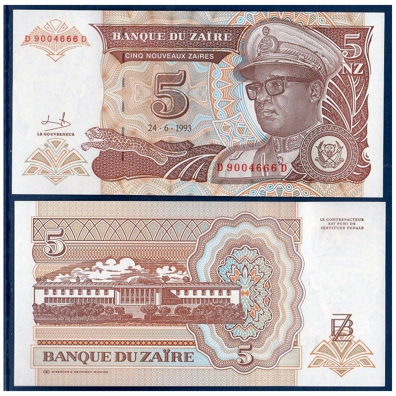 Zaire Pick N°53a, Billet de banque de 5 Nouveau Zaire 1993