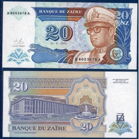 Zaire Pick N°56, Billet de banque de 20 Nouveaux Zaires 1993