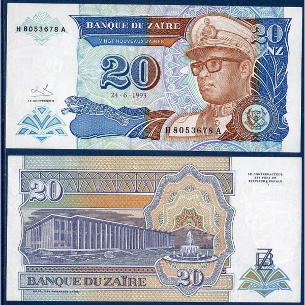Zaire Pick N°56, Billet de banque de 20 Nouveaux Zaires 1993