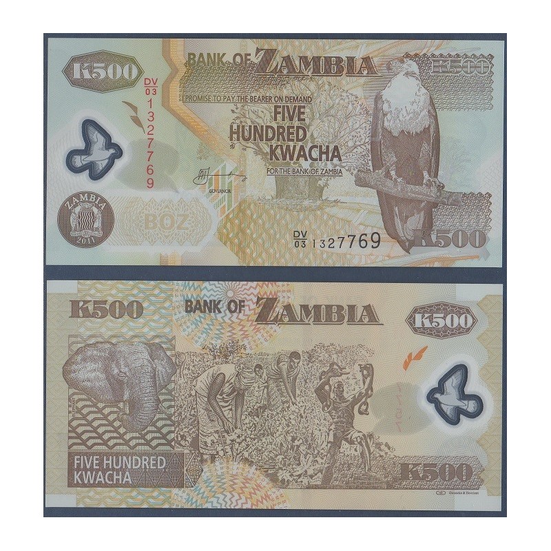 Zambie P.43h, Neuf, Billet de 500 Kwacha 2011 Polymère Zambie P.43h, Neuf, Billet de 500 Kwacha 2011 Polymère