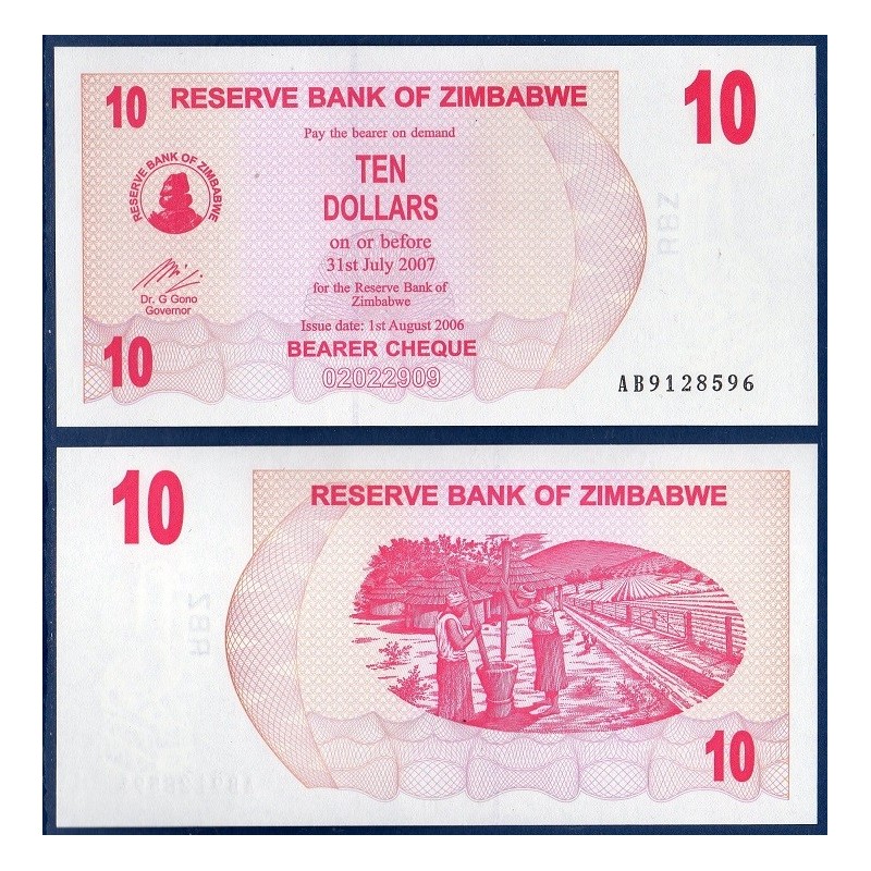 Zimbabwe P.39, Neuf, Billet de 10 Dollars 2006 Magenta Zimbabwe P.39, Neuf, Billet de 10 Dollars 2006 Magenta