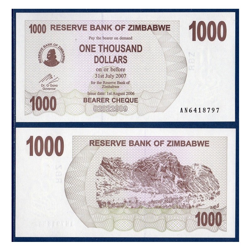 Zimbabwe Pick N°44, Billet de banque de 1000 Dollars 2006