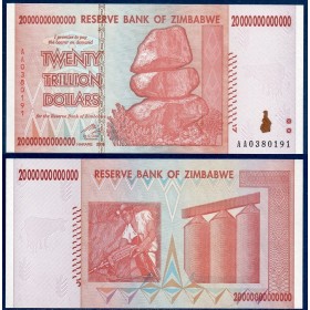 Zimbabwe Pick N°89, Billet de banque de 20 trillions de Dollars 2008