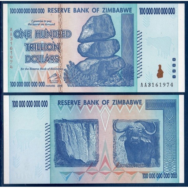 Zimbabwe Pick N°91, Billet de banque neuf de 100 trillions de  Dollars 2008