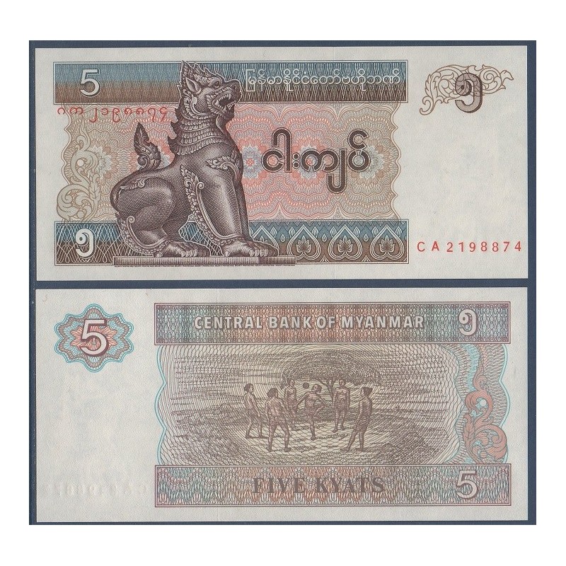 Myanmar, Birmanie Pick N°70b, Billet de banque de 5 Kyats 1997