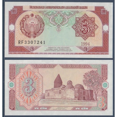 Ouzbékistan Pick N°74a, Billet de banque de 3 Sum 1994