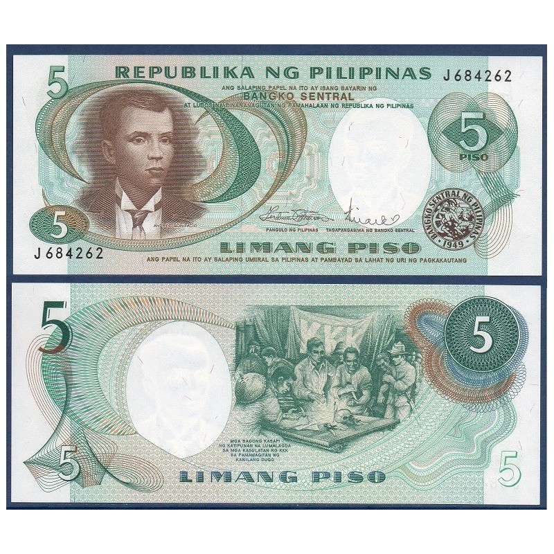 Philippines Pick N°143b, Billet de banque de 5 Piso 1969