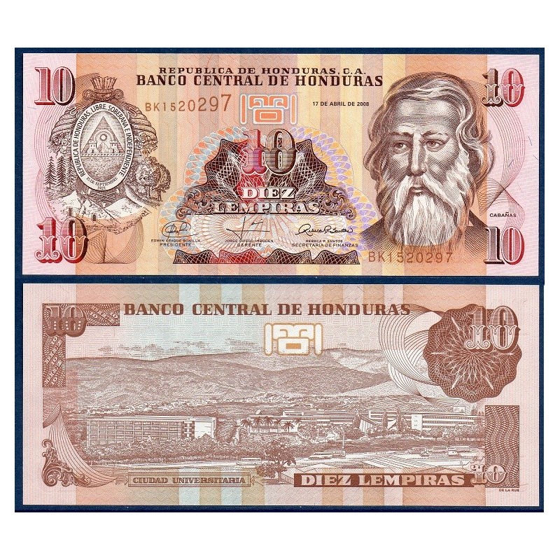 Honduras Pick N°82e, Billet de banque de 10 Lempiras 2008
