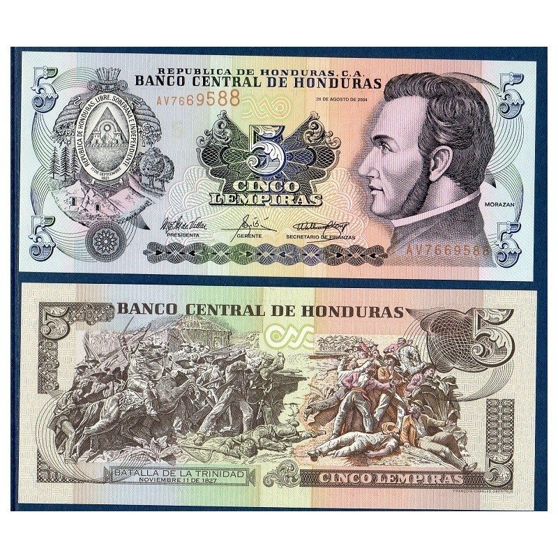 Honduras Pick N°85d, Billet de banque de 5 Lempiras 2004