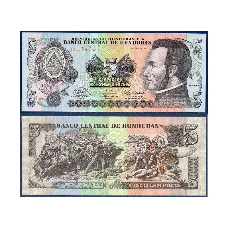 Honduras Pick N°91a, Billet de banque de 5 Lempiras 2006