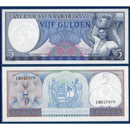 Suriname Pick N°120b, Billet de banque de 5 Gulden 1963