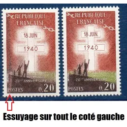 Timbre Yvert No 1264 variété essuyage impression defectueuse  neuf ** appel du 18 juin 1940