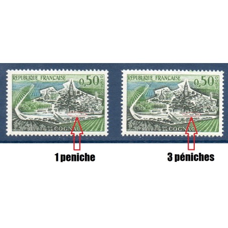 Timbre Yvert No 1314a 2 péniches absentes variété de poinçon , neuf luxe** Cognac