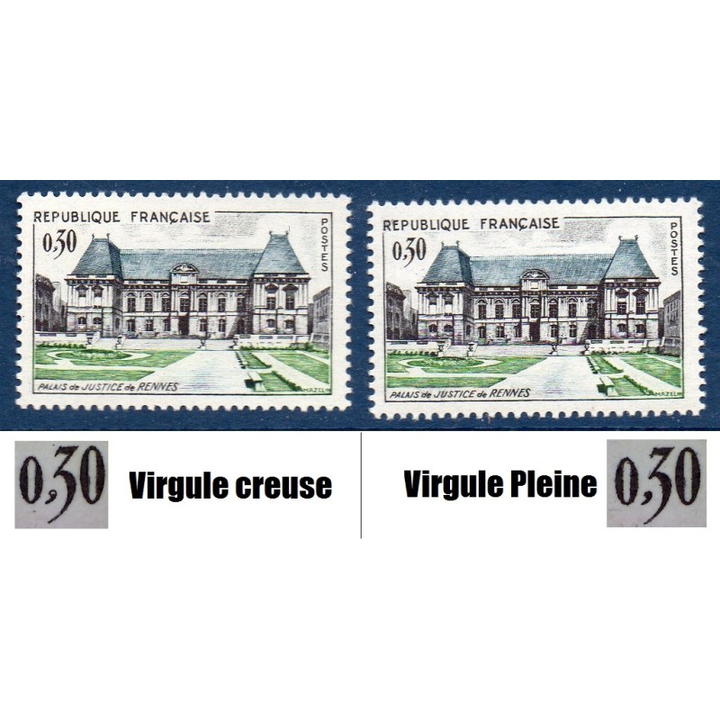 Timbre Yvert No 1351  virgule creuse variété de poinçon ,neuf luxe** Palais de justice de Rennes