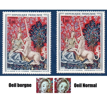 Timbre Yvert No 1425  oeil borgne variété de poinçon ,neuf luxe** La dame à la licorne