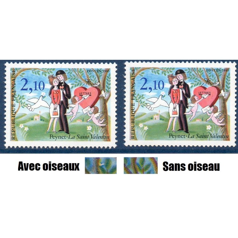 Timbre Yvert No 2354b  oiseau supplémentaire dans la branche variété de poinçon neuf luxe** Peynet la saint valentin