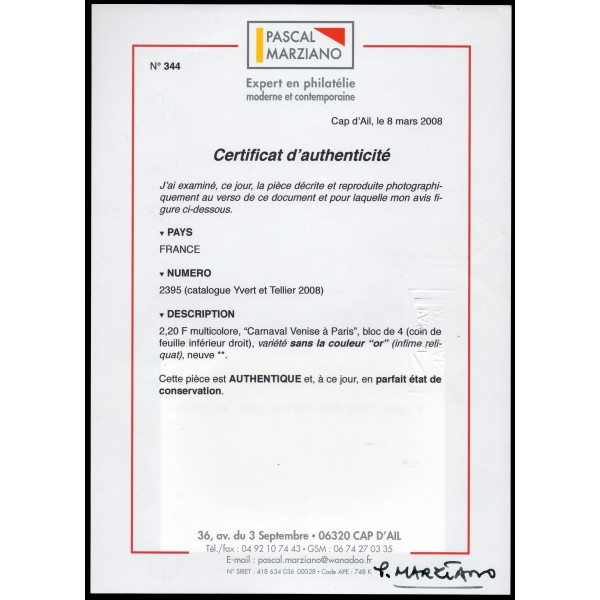 Timbre Yvert No 2395 Doré absent bloc de 4  avec certificat trés rare luxe** Carnaval de venise à Paris
