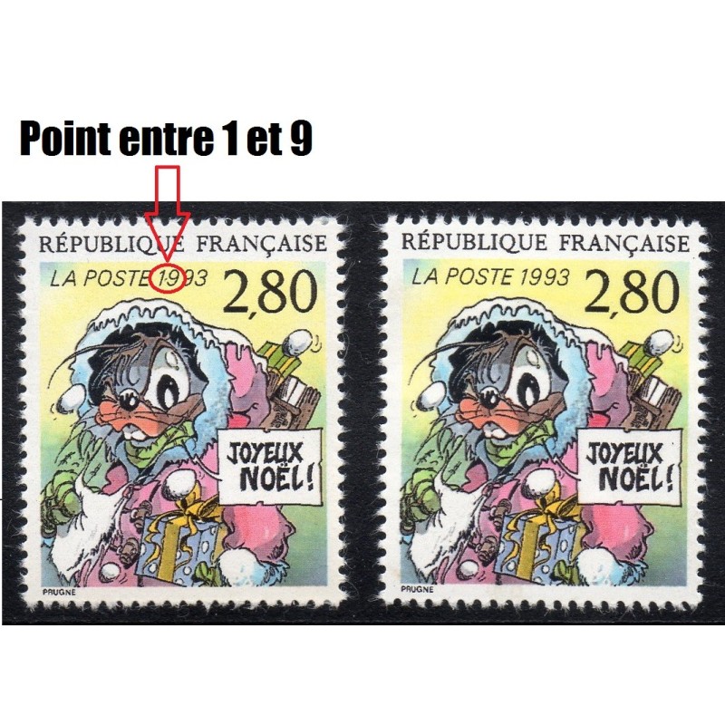 Timbre Yvert No 2847a avec point entre1 et 9 de 1993 neuf** Plaisir d'ecrire joyeux noel de Prugne