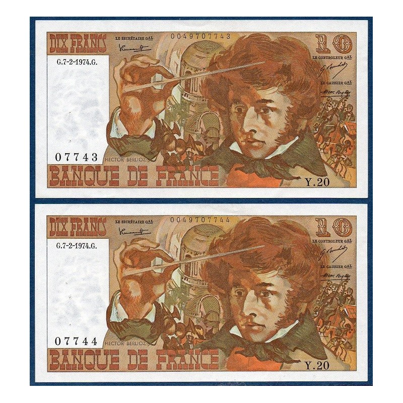 Paire 10 Francs Berlioz Sup+ 7.2.1974 Billet de la banque de France