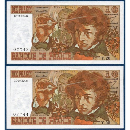 Paire 10 Francs Berlioz Sup+ 7.2.1974 Billet de la banque de France