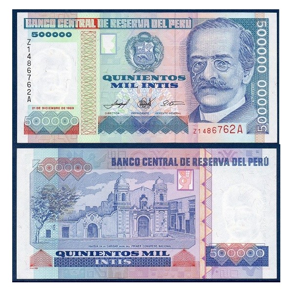 Perou Pick N°147, Billet de banque de 500000 Intis 1989