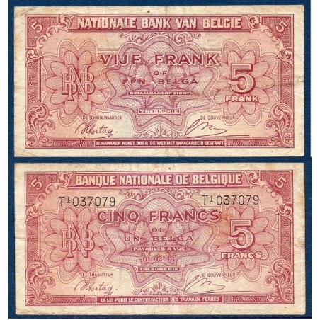 Belgique Pick N°121, TB Billet de banque de 5 Francs Belge 1943