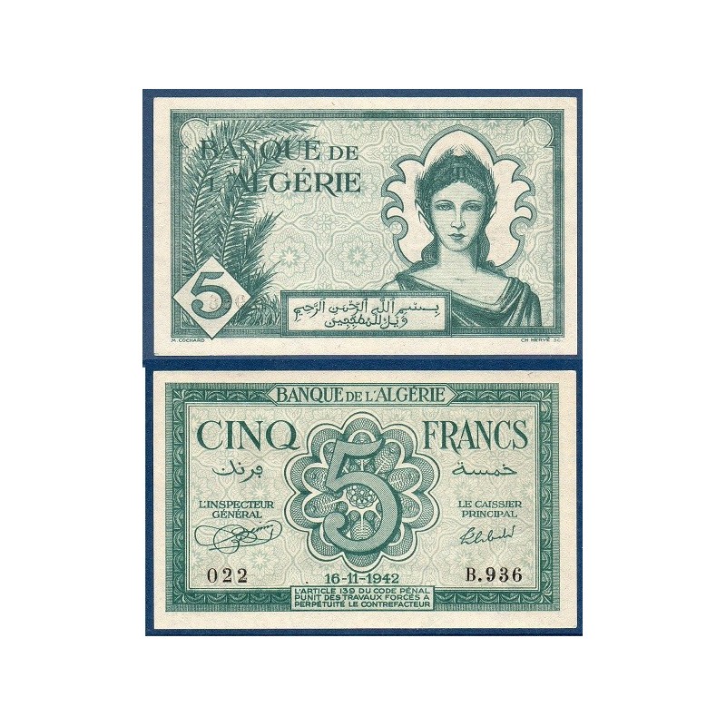 Algérie Pick N°91, Billet de banque de 5 Francs 16.11.1942