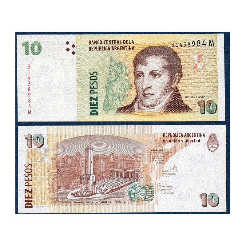 Argentine Pick N°354a, Billet de banque de 10 Pesos 2002-2013