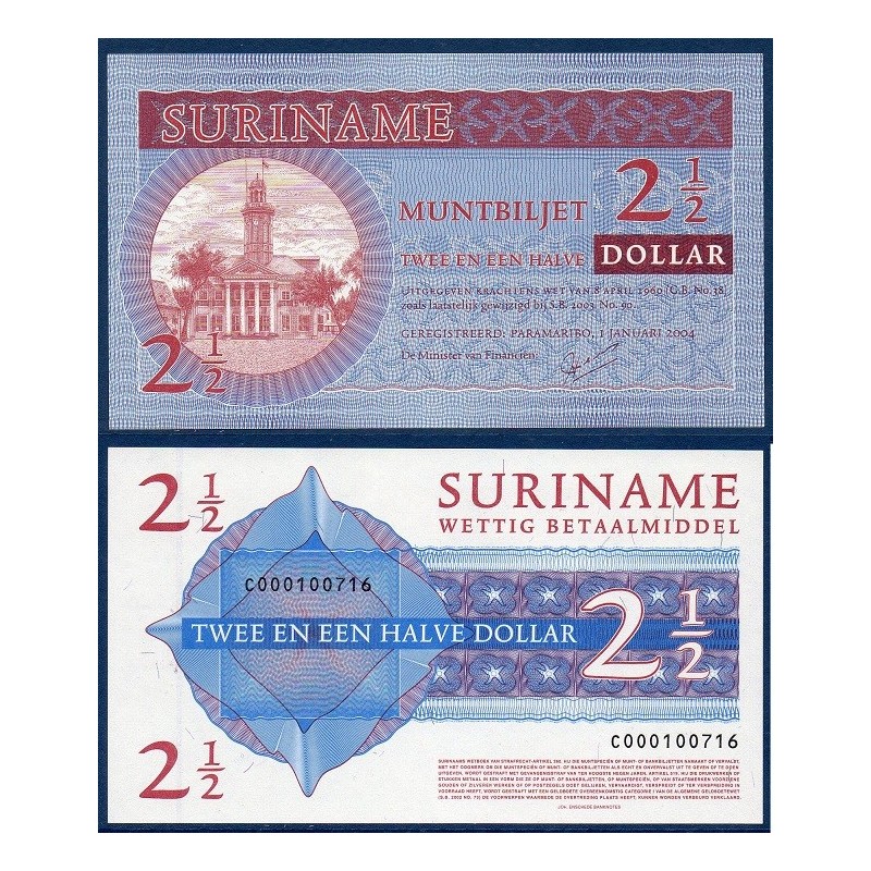 Suriname Pick N°156, Billet de banque de 2 1/2 Dollars 2004