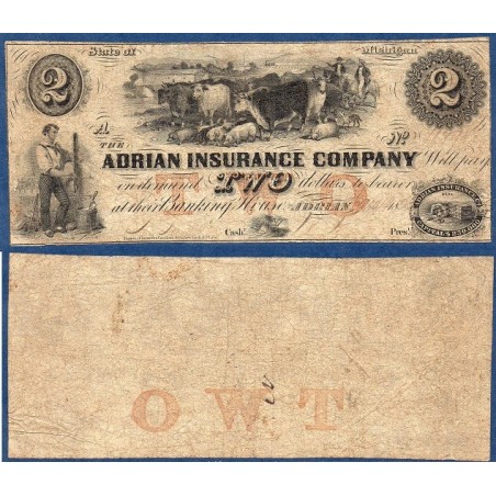 Etats Confédérés Michigan Adrian insurance Company, Billet de banque de 2 Dollars