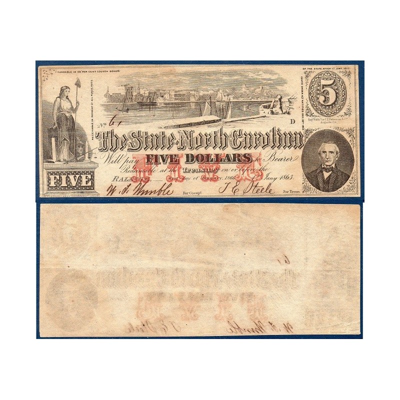 Etats Confédérés Caroline du Nord Treasury bank of Raleigh, Billet de banque de 5 Dollars