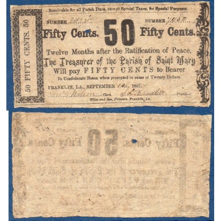 Etats Confédérés Louisiane Franklin The Treasure Of Parish Saint Mary, Billet de banque de 50 cents