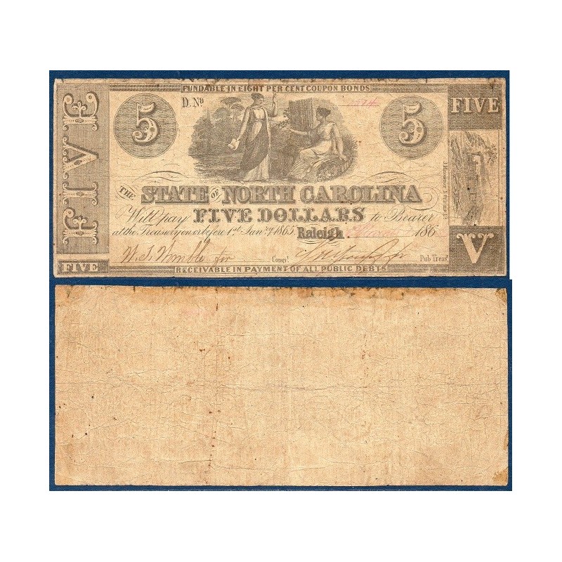 Etats Confédérés Caroline du Nord city of Raleigh, Billet de banque de 5 Dollars
